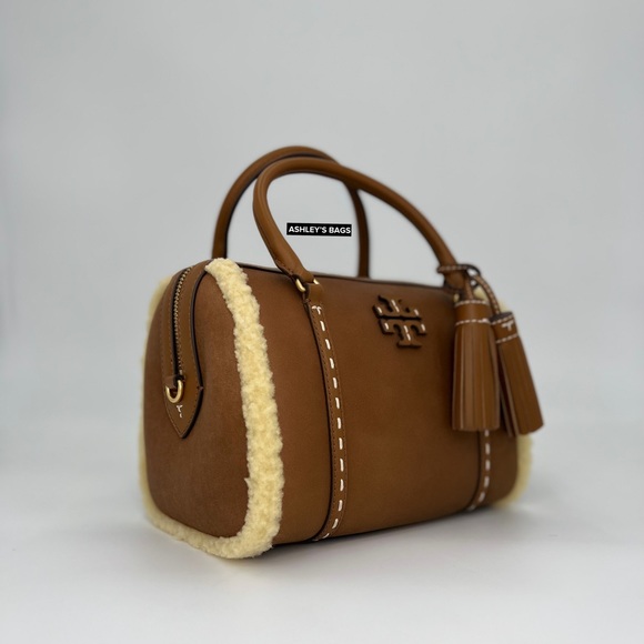 Tory Burch Thea Shearling Small Satchel In Moose Brown - Picture 2 of 6